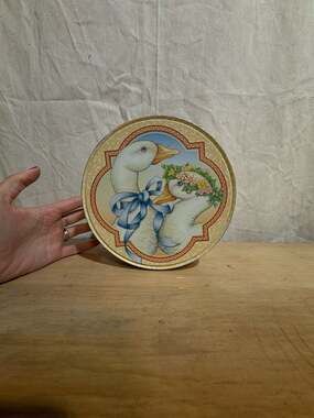 Vintage J.S.N.Y. Round Tin Container with Geese and Blue Bow Design